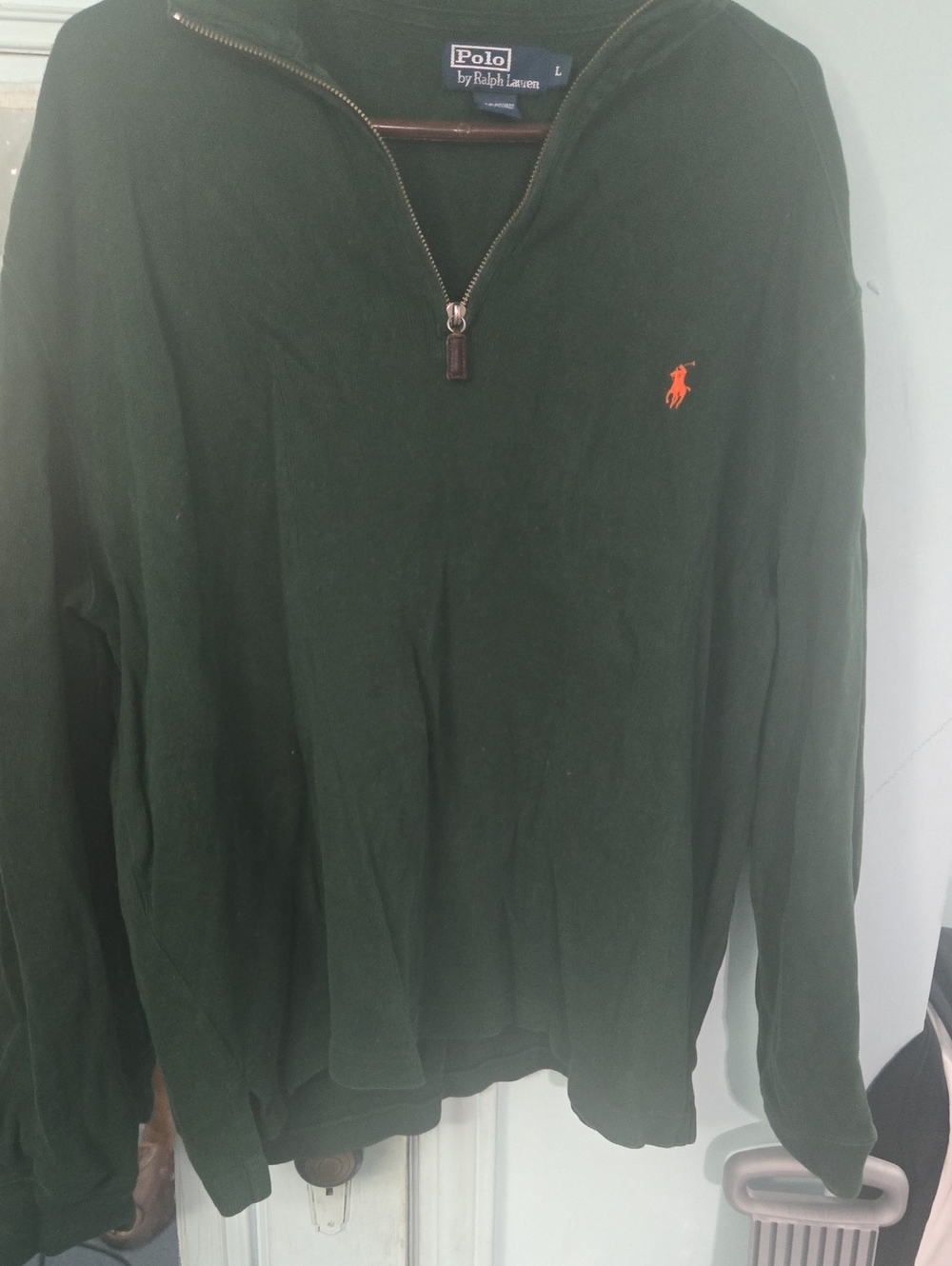 Polo by Ralph Lauren Green Quarter-Zip Sweater with Orange Pony